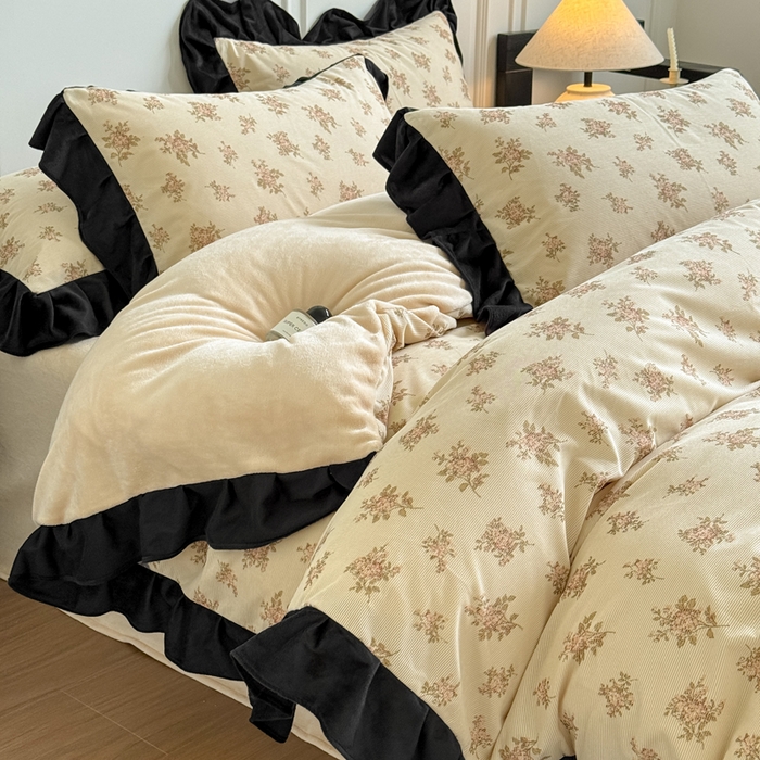 宅家居 2025新款秋冬爆款轻法式赫本风灯芯绒四件套提花立体韩版花边牛奶绒三件套 茉莉