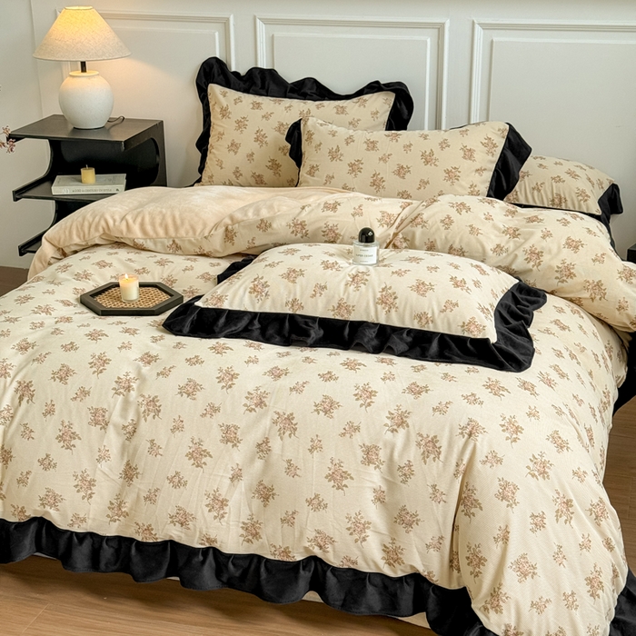 91家纺网 家纺一手货源 找家纺 宅家居 2025新款秋冬爆款轻法式赫本风灯芯绒四件套提花立体韩版花边牛奶绒三件套 茉莉