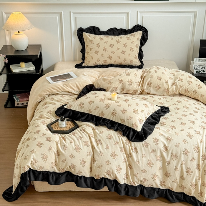 91家纺网 家纺一手货源 找家纺 宅家居 2025新款秋冬爆款轻法式赫本风灯芯绒四件套提花立体韩版花边牛奶绒三件套 茉莉