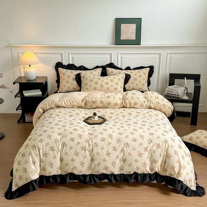 91家纺网 家纺一手货源 找家纺 宅家居 2025新款秋冬爆款轻法式赫本风灯芯绒四件套提花立体韩版花边牛奶绒三件套 茉莉