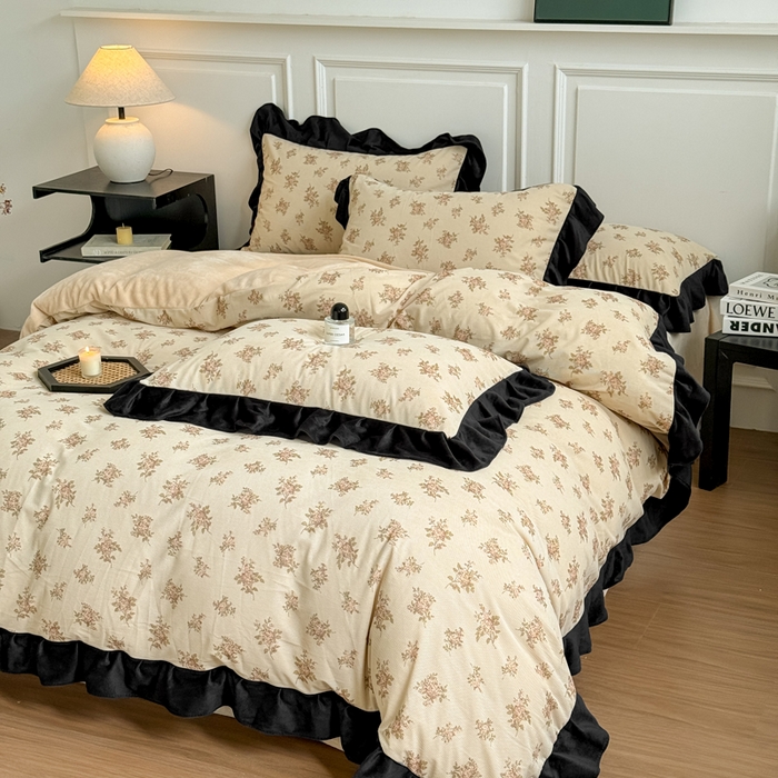 91家纺网 家纺一手货源 找家纺 宅家居 2025新款秋冬爆款轻法式赫本风灯芯绒四件套提花立体韩版花边牛奶绒三件套 茉莉