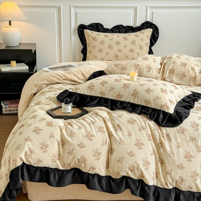 91家纺网 家纺一手货源 找家纺 宅家居 2025新款秋冬爆款轻法式赫本风灯芯绒四件套提花立体韩版花边牛奶绒三件套 茉莉