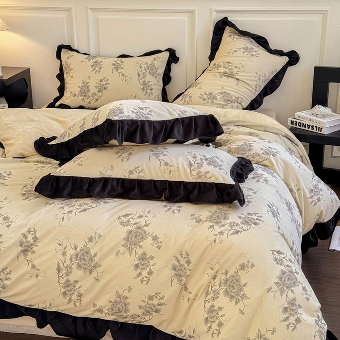 91家纺网 家纺一手货源 找家纺 宅家居 2025新款秋冬爆款轻法式赫本风灯芯绒四件套提花立体韩版花边牛奶绒三件套 牡丹