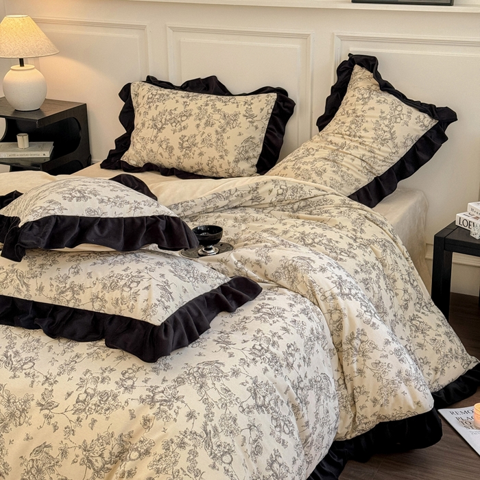 91家纺网 家纺一手货源 找家纺 宅家居 2025新款秋冬爆款轻法式赫本风灯芯绒四件套提花立体韩版花边牛奶绒三件套 喜鹊