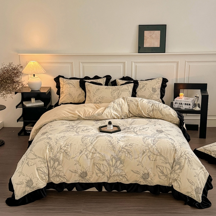 91家纺网 家纺一手货源 找家纺 宅家居 2025新款秋冬爆款轻法式赫本风灯芯绒四件套提花立体韩版花边牛奶绒三件套 语叶