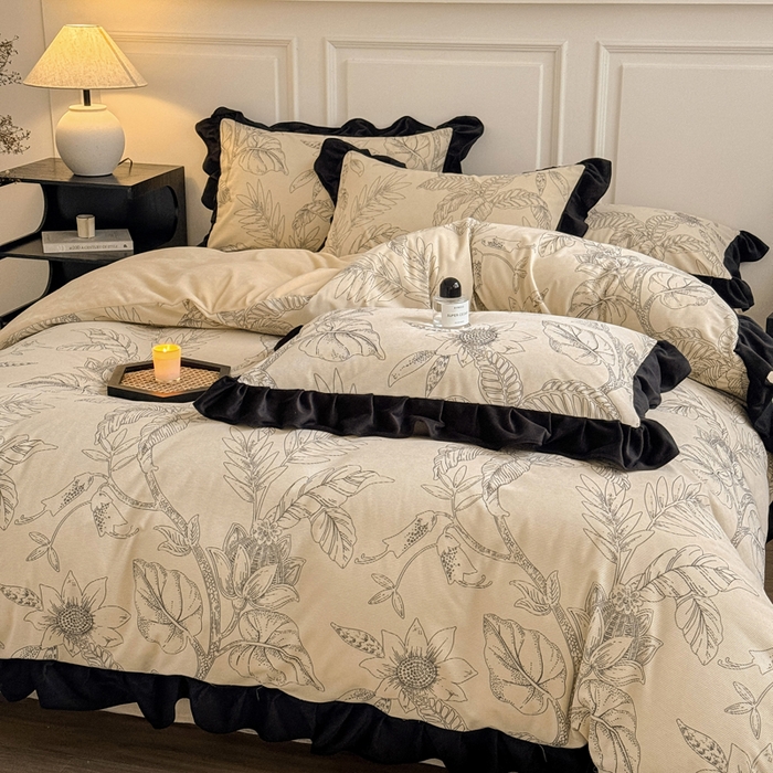 91家纺网 家纺一手货源 找家纺 宅家居 2025新款秋冬爆款轻法式赫本风灯芯绒四件套提花立体韩版花边牛奶绒三件套 语叶