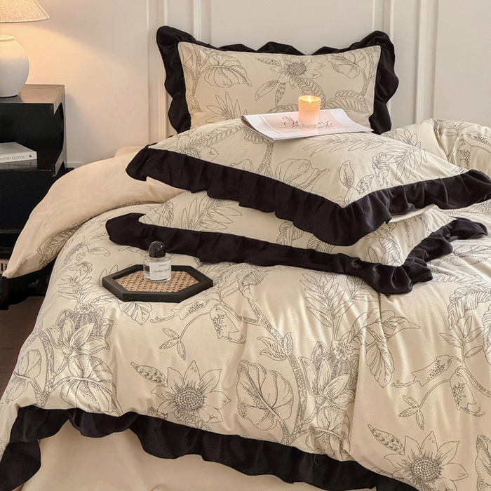 91家纺网 家纺一手货源 找家纺 宅家居 2025新款秋冬爆款轻法式赫本风灯芯绒四件套提花立体韩版花边牛奶绒三件套 语叶