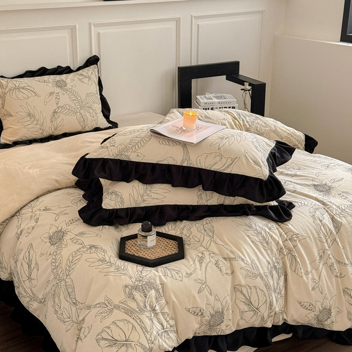 91家纺网 家纺一手货源 找家纺 宅家居 2025新款秋冬爆款轻法式赫本风灯芯绒四件套提花立体韩版花边牛奶绒三件套 语叶