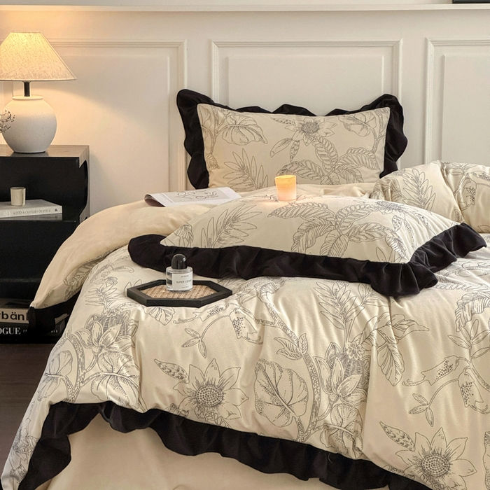 91家纺网 家纺一手货源 找家纺 宅家居 2025新款秋冬爆款轻法式赫本风灯芯绒四件套提花立体韩版花边牛奶绒三件套 语叶