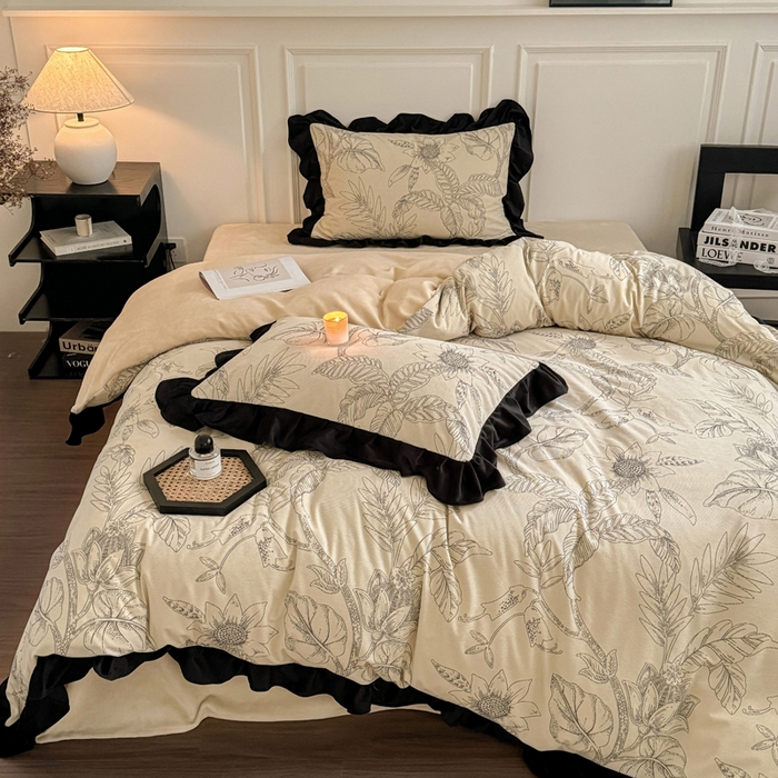 91家纺网 家纺一手货源 找家纺 宅家居 2025新款秋冬爆款轻法式赫本风灯芯绒四件套提花立体韩版花边牛奶绒三件套 语叶