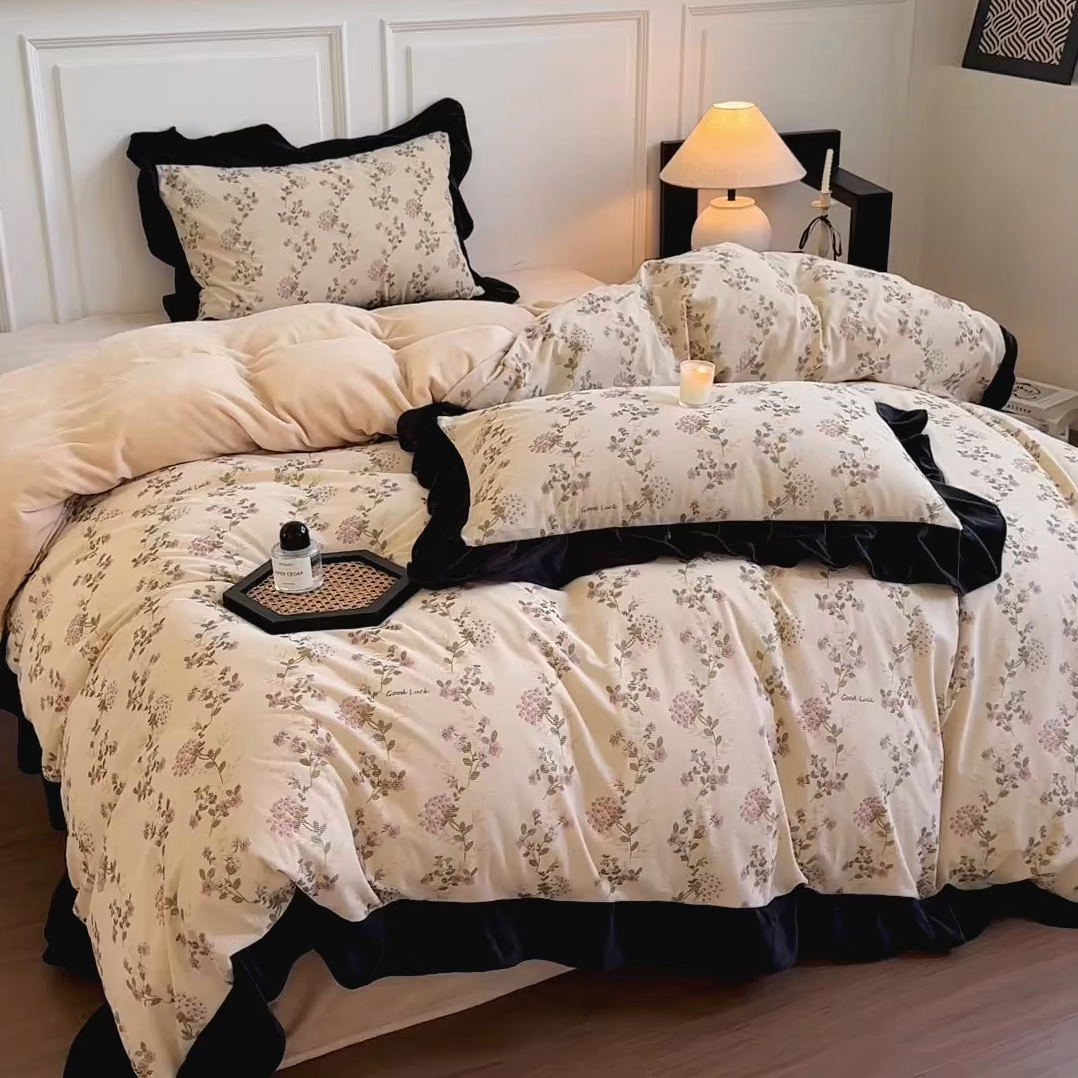 91家纺网 家纺一手货源 找家纺 宅家居 2025新款秋冬爆款轻法式赫本风灯芯绒四件套提花立体韩版花边牛奶绒三件套 紫藤