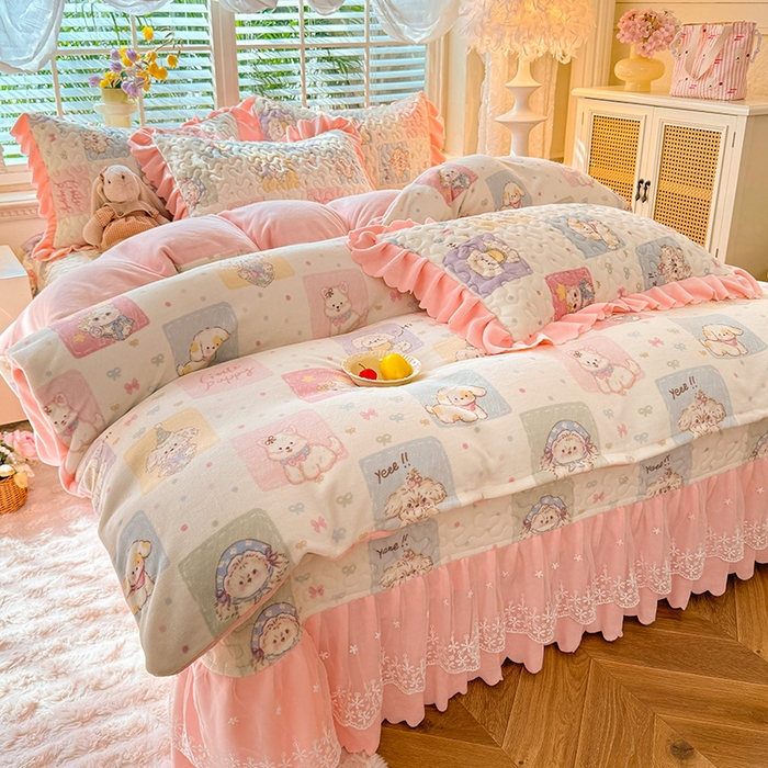 91家纺网 家纺一手货源 找家纺 九诺家纺 2025新款直播热款双层蕾丝花边牛奶绒印花床盖四件套床盖单件三件套 风情-萌宠之家