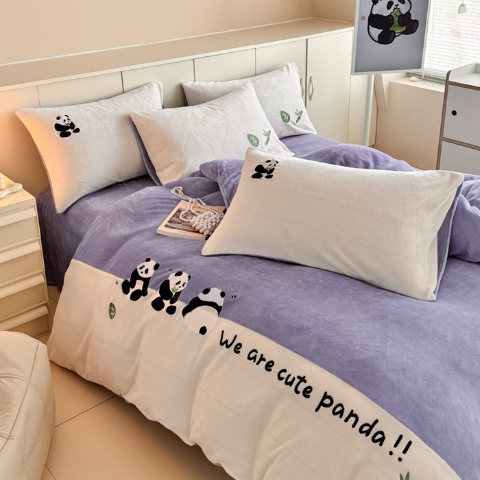 91家纺网 家纺一手货源 找家纺 懒猫家纺 2025新款牛奶绒刺绣四件套-胖达 胖达-星辰紫