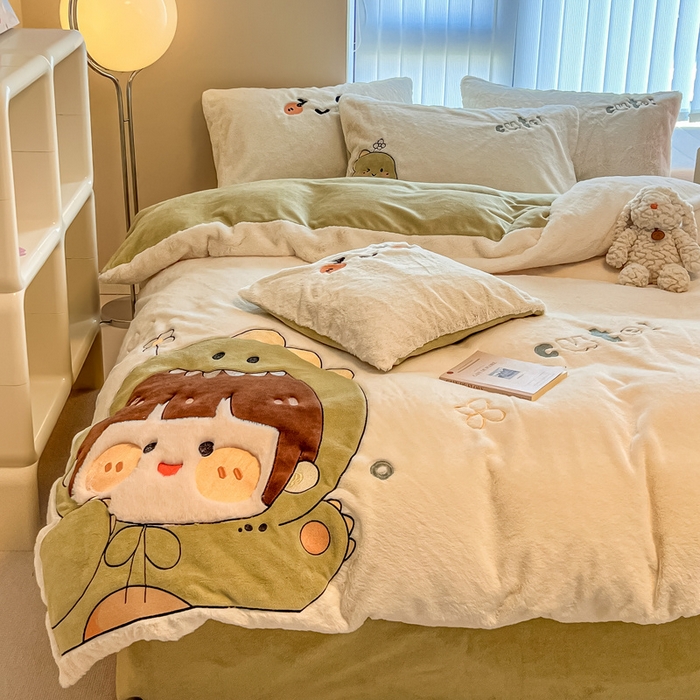 91家纺网 家纺一手货源 找家纺 懒猫家纺 2025新款兔毛绒贴布绣四件套 恐龙仔