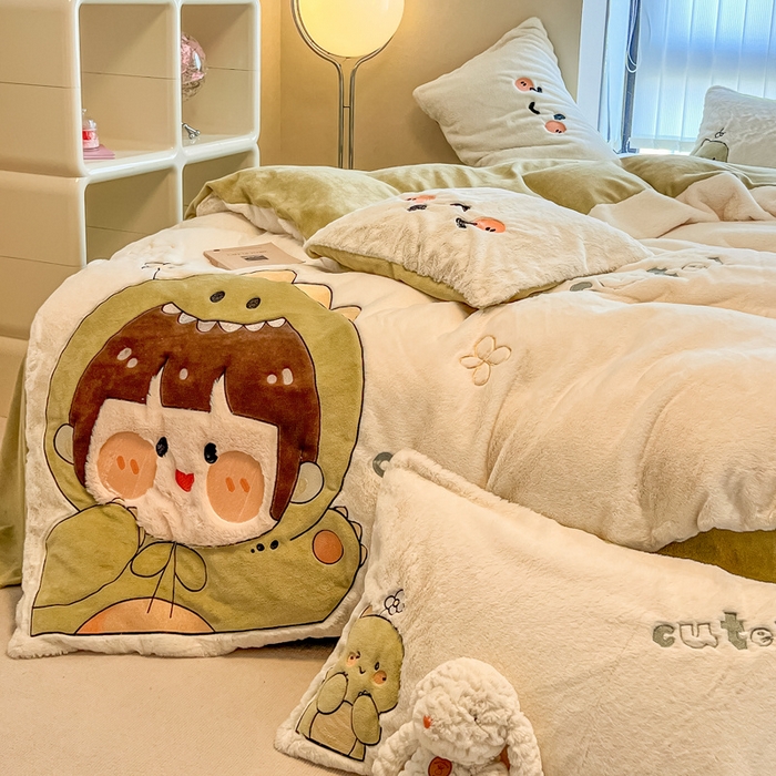 91家纺网 家纺一手货源 找家纺 懒猫家纺 2025新款兔毛绒贴布绣四件套 恐龙仔