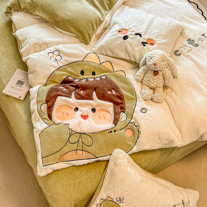 91家纺网 家纺一手货源 找家纺 懒猫家纺 2025新款兔毛绒贴布绣四件套 恐龙仔