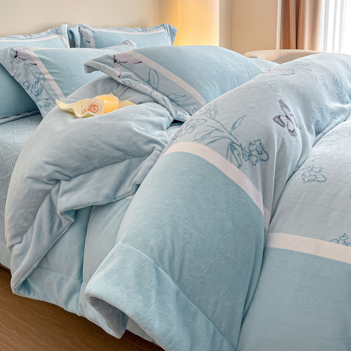 新方向 2025新款高克重240克A类全消光数码印花牛奶绒四件套-雨蝶 雨蝶-星月蓝