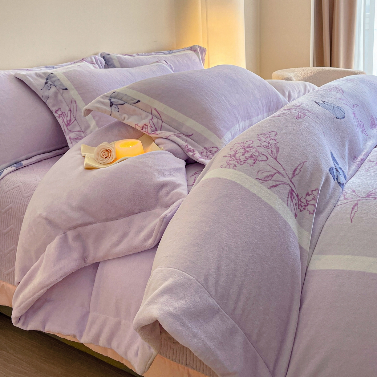 新方向 2025新款高克重240克A类全消光数码印花牛奶绒四件套-雨蝶 雨蝶-魅紫