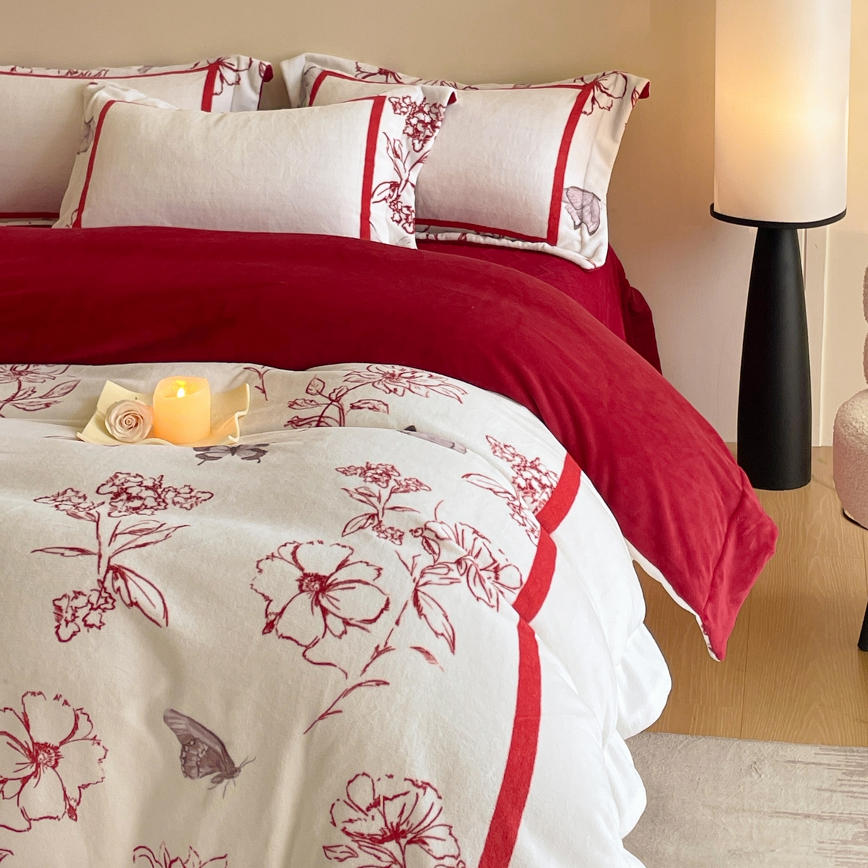 91家纺网 家纺一手货源 找家纺 新方向 2025新款高克重240克A类全消光数码印花牛奶绒四件套-雨蝶 雨蝶-洋酒红