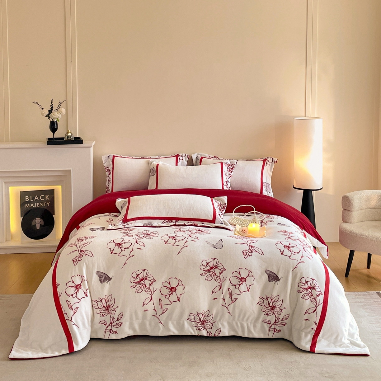 91家纺网 家纺一手货源 找家纺 新方向 2025新款高克重240克A类全消光数码印花牛奶绒四件套-雨蝶 雨蝶-洋酒红