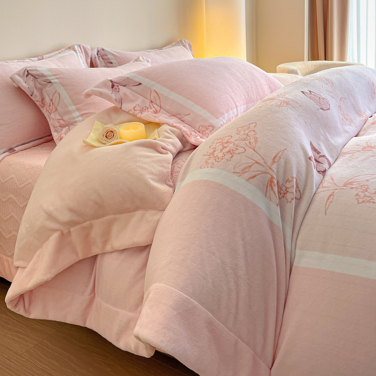 新方向 2025新款高克重240克A类全消光数码印花牛奶绒四件套-雨蝶 雨蝶-蔷薇粉