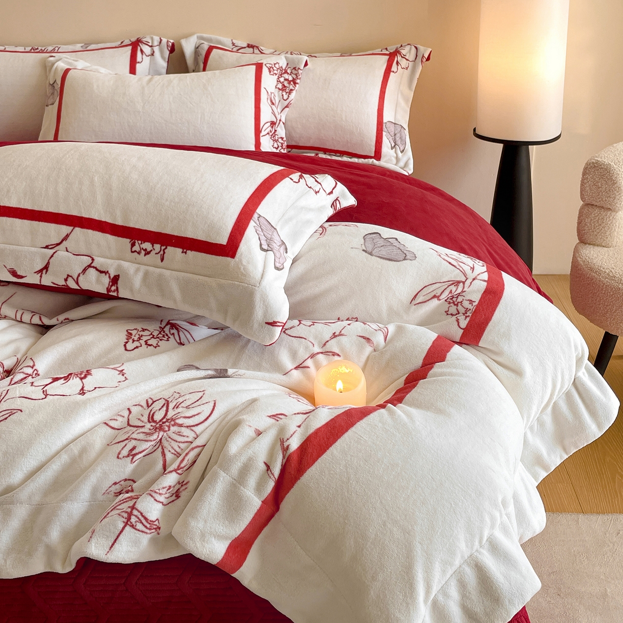 91家纺网 家纺一手货源 找家纺 新方向 2025新款高克重240克A类全消光数码印花牛奶绒四件套-雨蝶 雨蝶-洋酒红