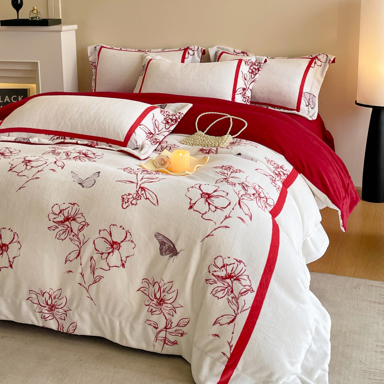 91家纺网 家纺一手货源 找家纺 新方向 2025新款高克重240克A类全消光数码印花牛奶绒四件套-雨蝶 雨蝶-洋酒红