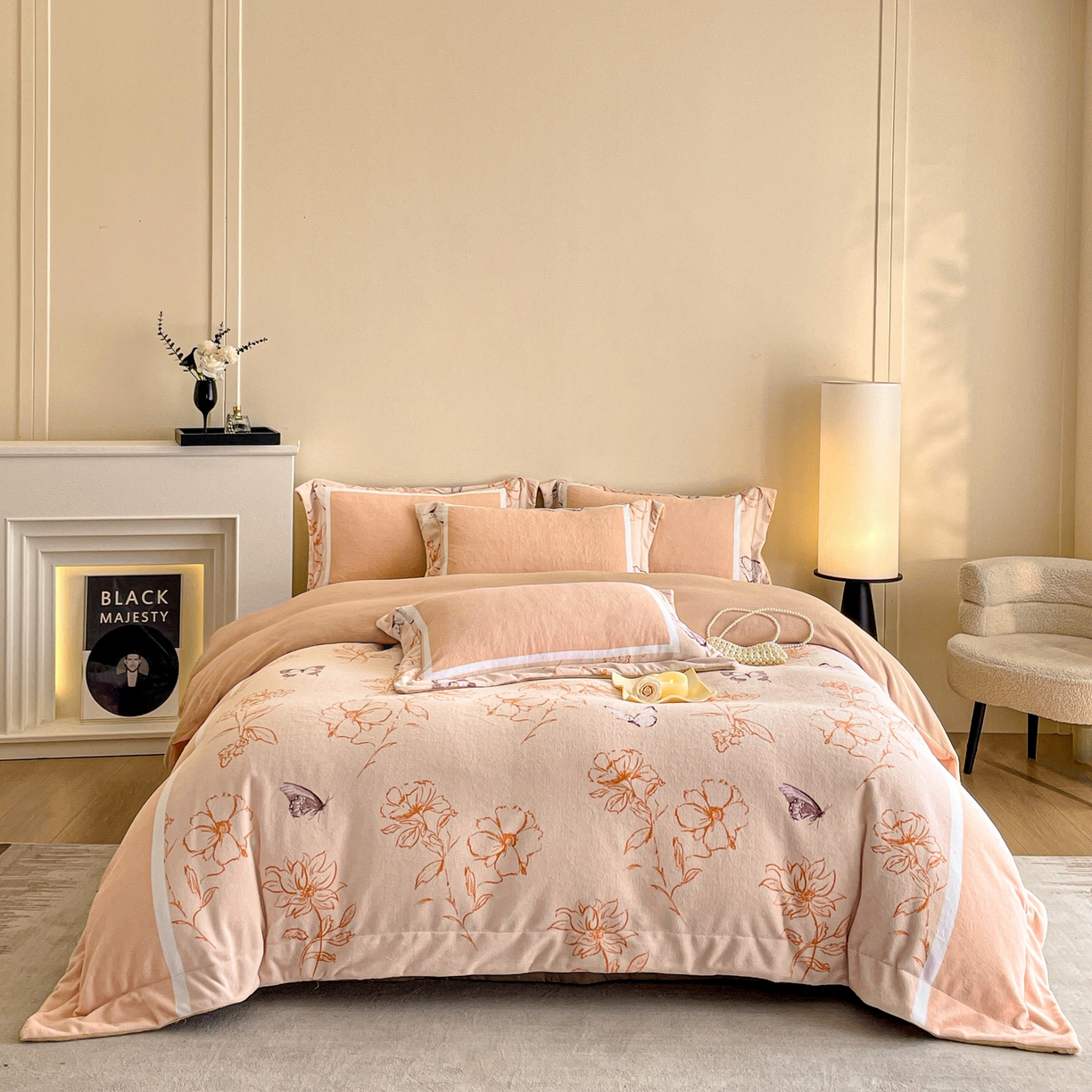 91家纺网 家纺一手货源 找家纺 新方向 2025新款高克重240克A类全消光数码印花牛奶绒四件套-雨蝶 雨蝶-香槟