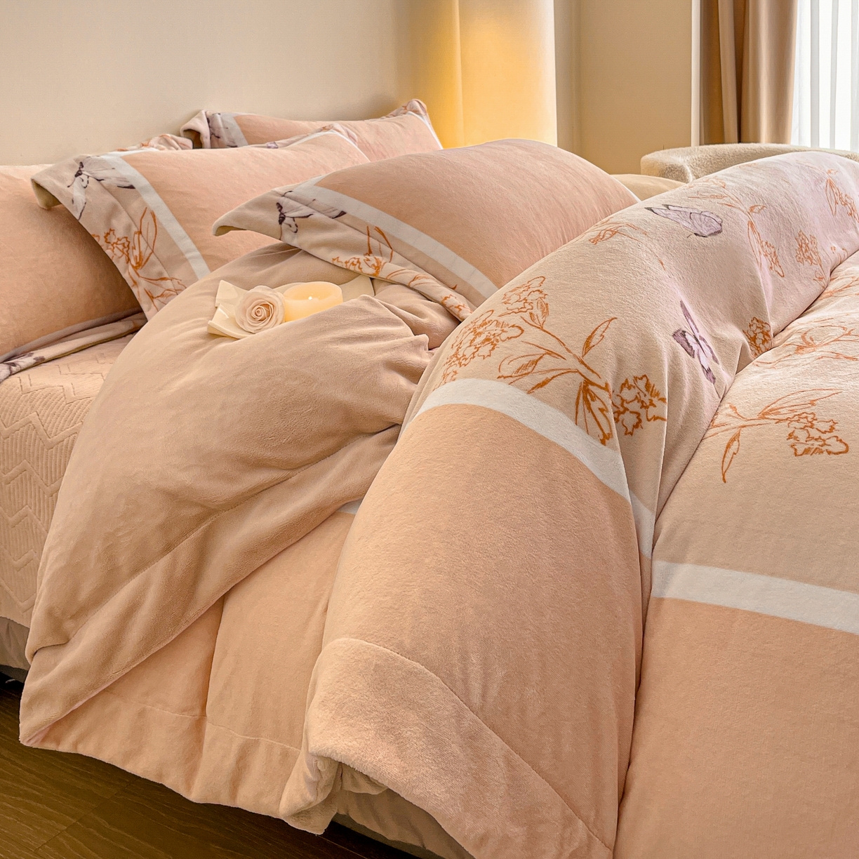 新方向 2025新款高克重240克A类全消光数码印花牛奶绒四件套-雨蝶 雨蝶-香槟