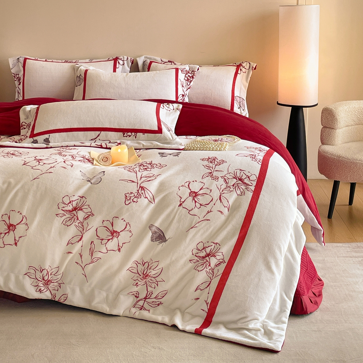 91家纺网 家纺一手货源 找家纺 新方向 2025新款高克重240克A类全消光数码印花牛奶绒四件套-雨蝶 雨蝶-洋酒红