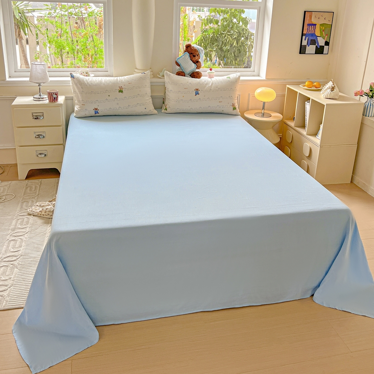 91家纺网 家纺一手货源 找家纺 一比一家纺 2025新款全棉双层纱四件套 假日小熊