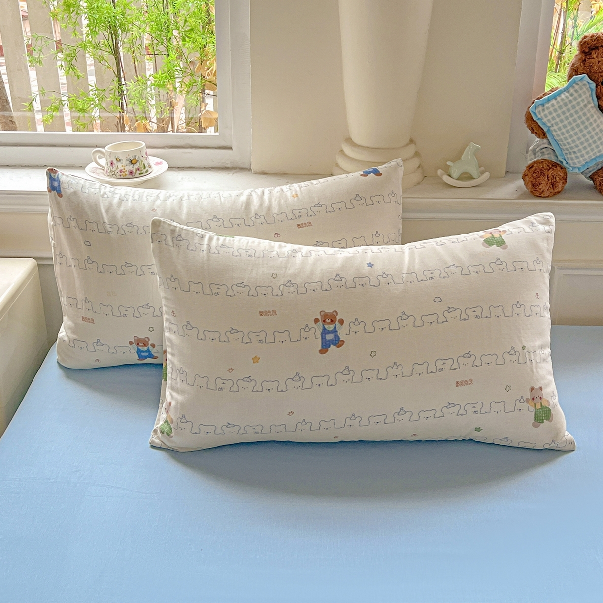 91家纺网 家纺一手货源 找家纺 一比一家纺 2025新款全棉双层纱四件套 假日小熊