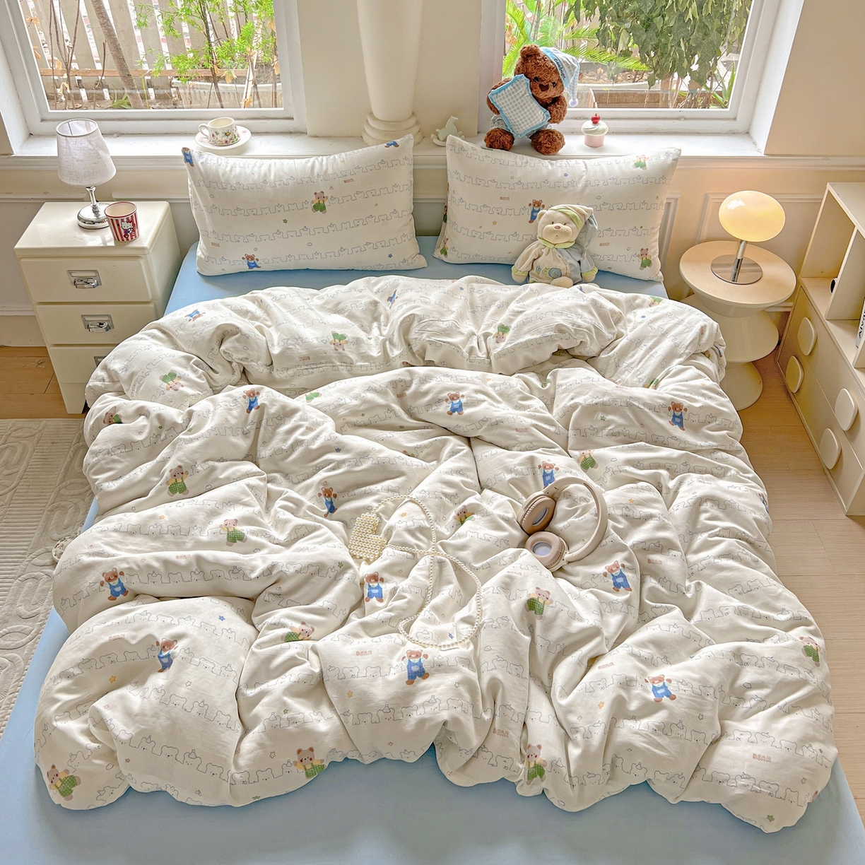 91家纺网 家纺一手货源 找家纺 一比一家纺 2025新款全棉双层纱四件套 假日小熊