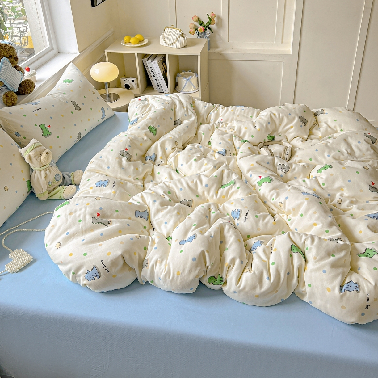 91家纺网 家纺一手货源 找家纺 一比一家纺 2025新款全棉双层纱四件套 恐龙派对