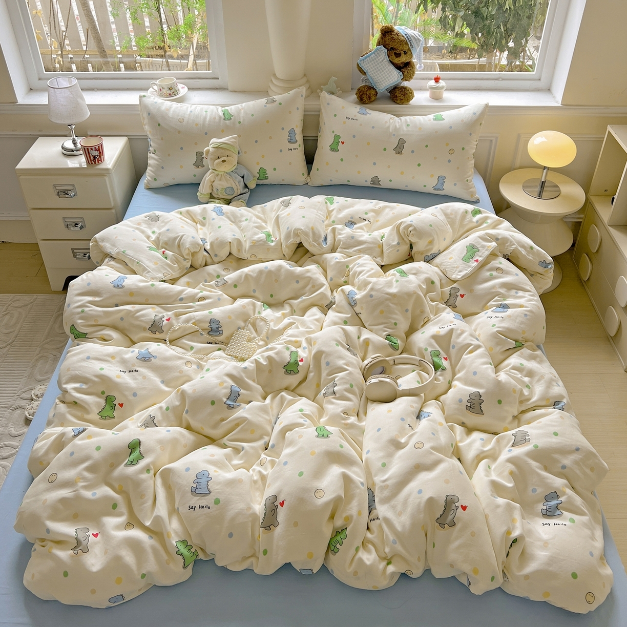 91家纺网 家纺一手货源 找家纺 一比一家纺 2025新款全棉双层纱四件套 恐龙派对