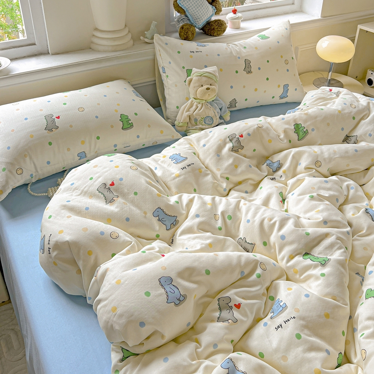 91家纺网 家纺一手货源 找家纺 一比一家纺 2025新款全棉双层纱四件套 恐龙派对