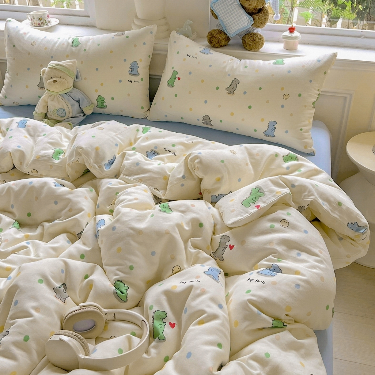 91家纺网 家纺一手货源 找家纺 一比一家纺 2025新款全棉双层纱四件套 恐龙派对