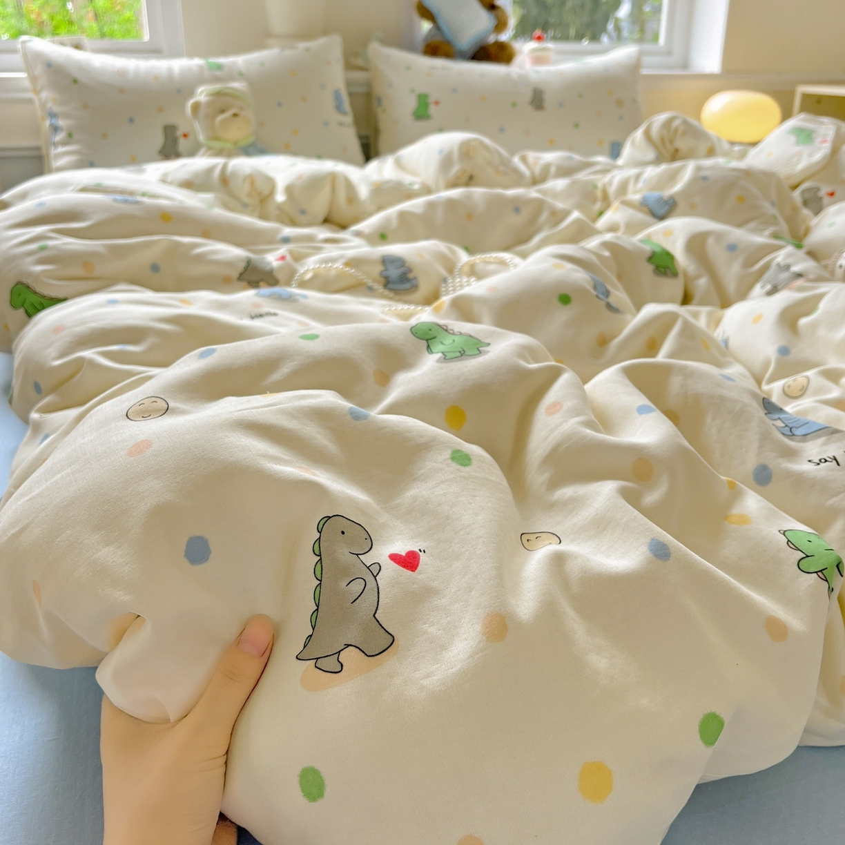 一比一家纺 2025新款全棉双层纱四件套 恐龙派对