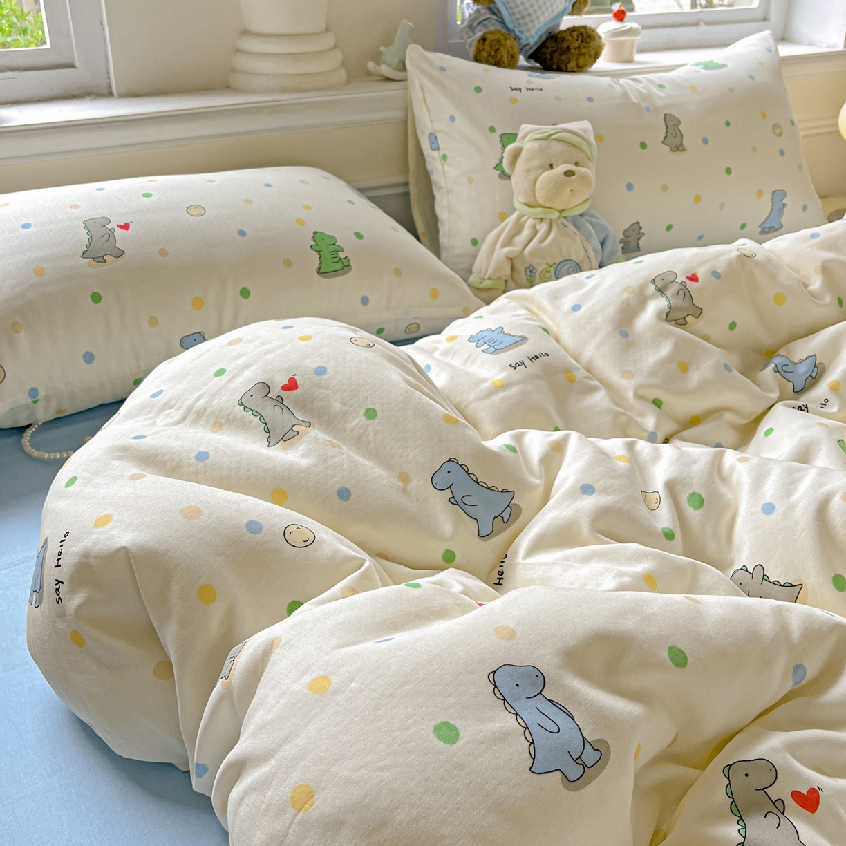 91家纺网 家纺一手货源 找家纺 一比一家纺 2025新款全棉双层纱四件套 恐龙派对