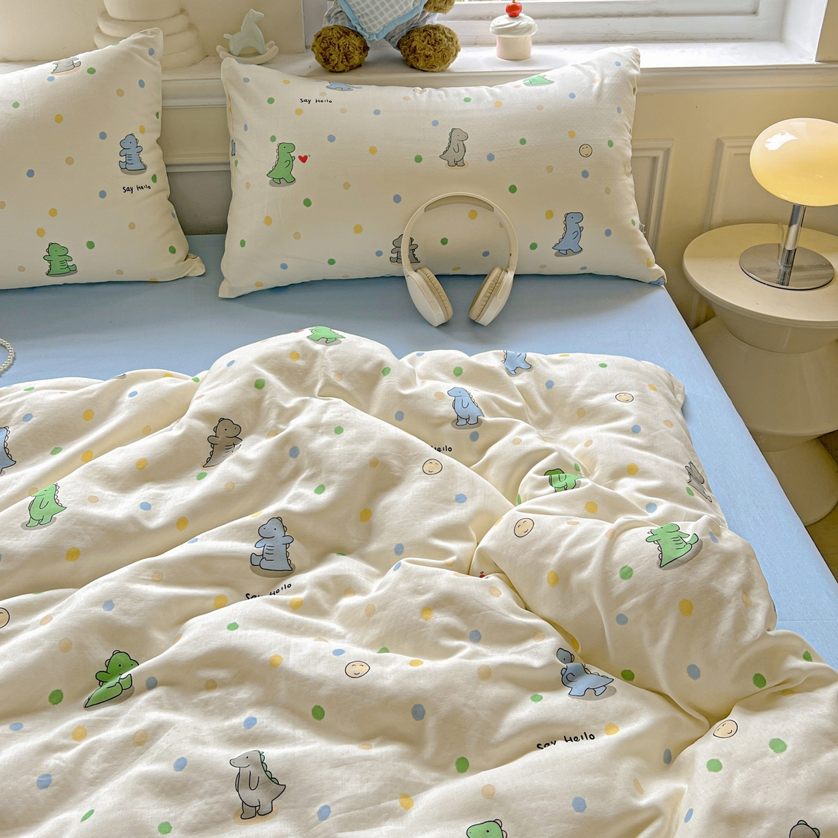 91家纺网 家纺一手货源 找家纺 一比一家纺 2025新款全棉双层纱四件套 恐龙派对