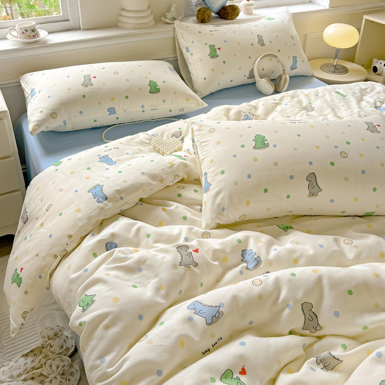 91家纺网 家纺一手货源 找家纺 一比一家纺 2025新款全棉双层纱四件套 恐龙派对