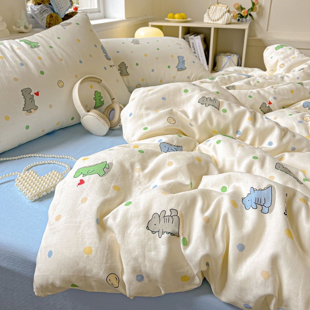 91家纺网 家纺一手货源 找家纺 一比一家纺 2025新款全棉双层纱四件套 恐龙派对