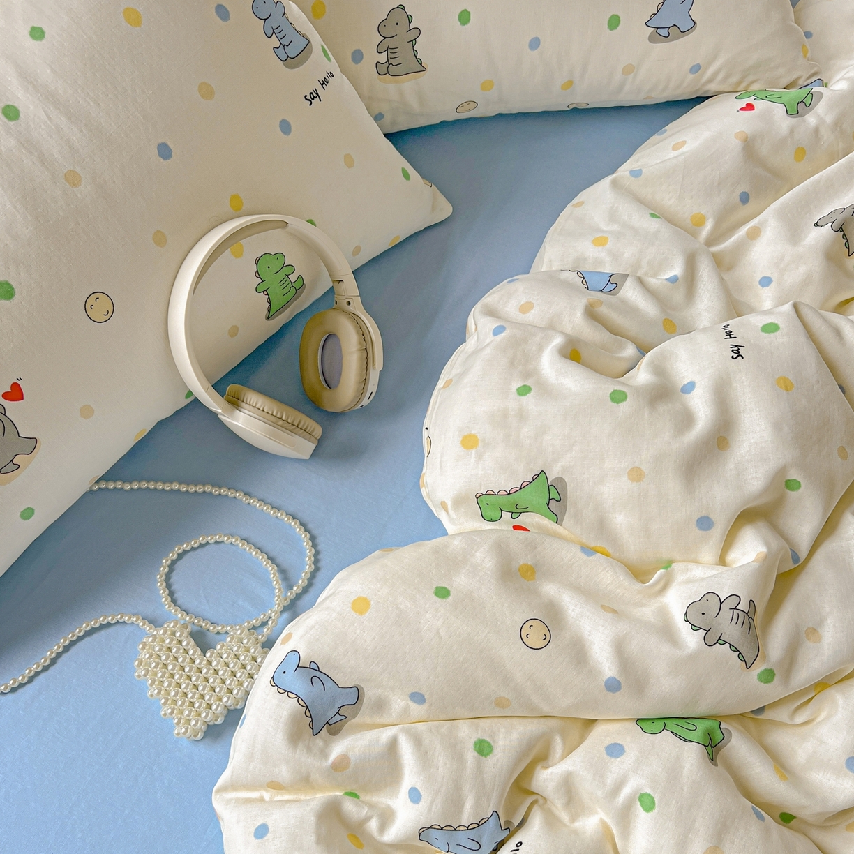 91家纺网 家纺一手货源 找家纺 一比一家纺 2025新款全棉双层纱四件套 恐龙派对