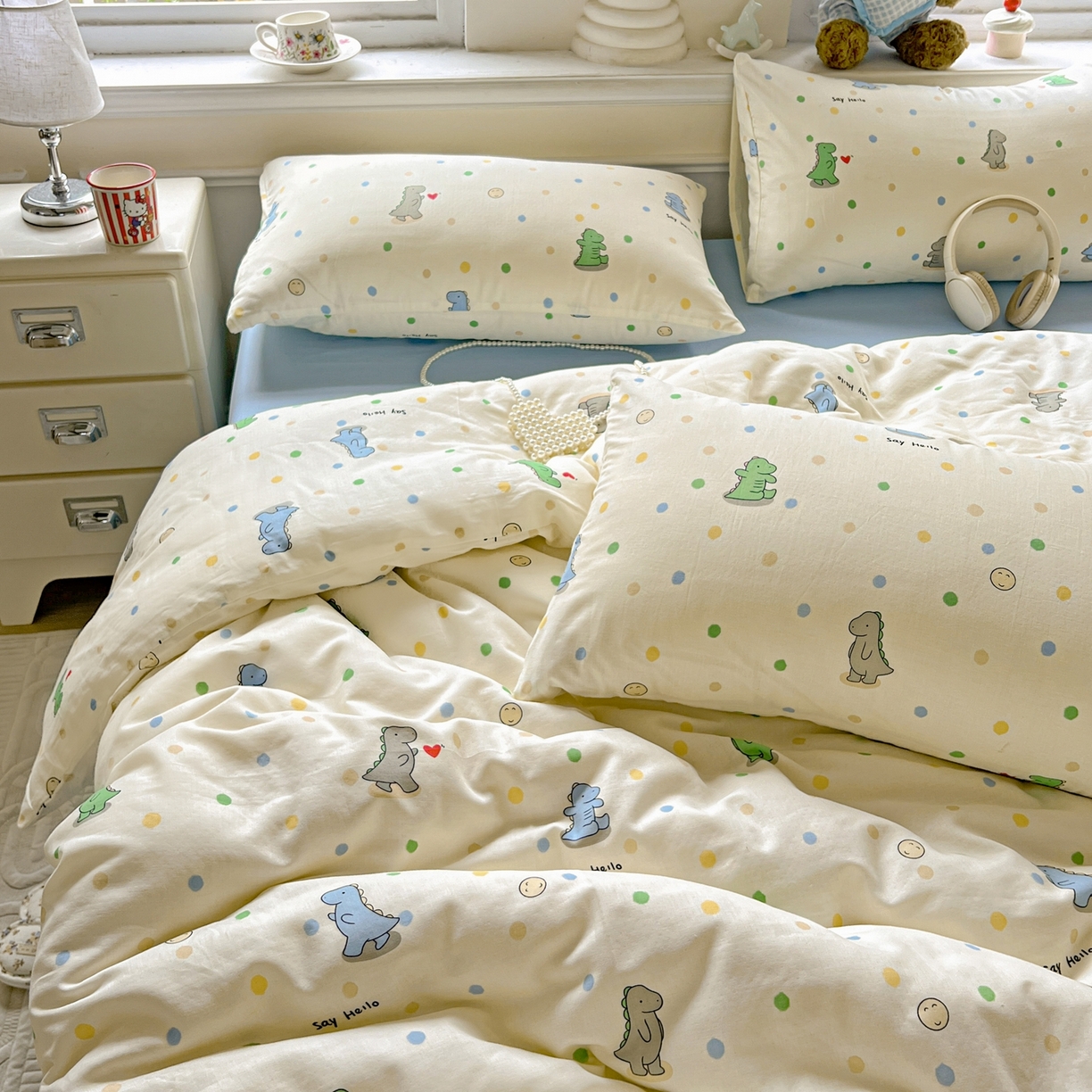 91家纺网 家纺一手货源 找家纺 一比一家纺 2025新款全棉双层纱四件套 恐龙派对