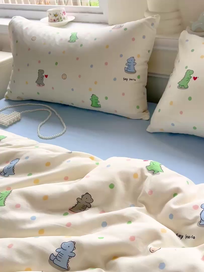 91家纺网 家纺一手货源 找家纺 一比一家纺 2025新款全棉双层纱四件套 恐龙派对