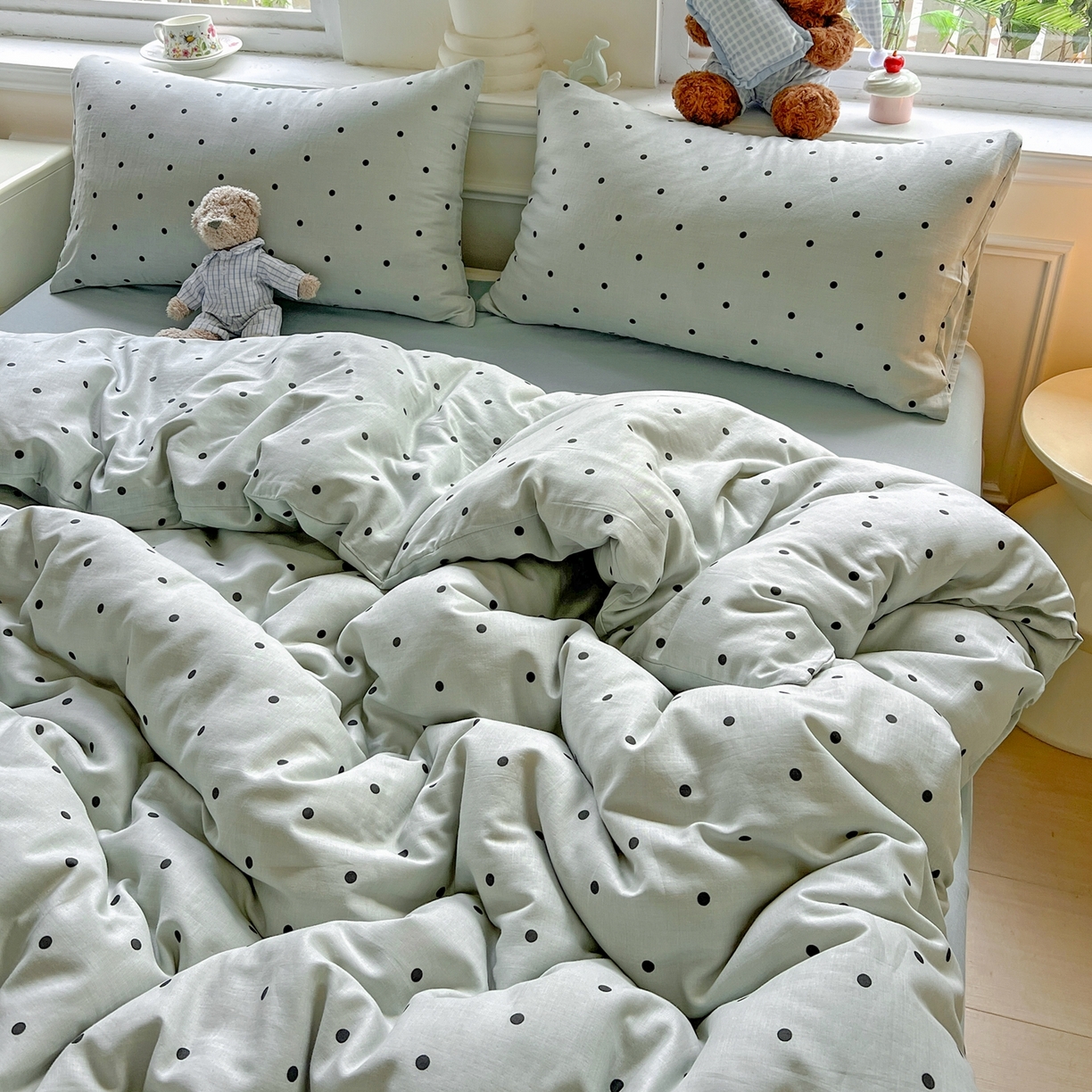 91家纺网 家纺一手货源 找家纺 一比一家纺 2025新款全棉双层纱四件套 抹茶啵啵