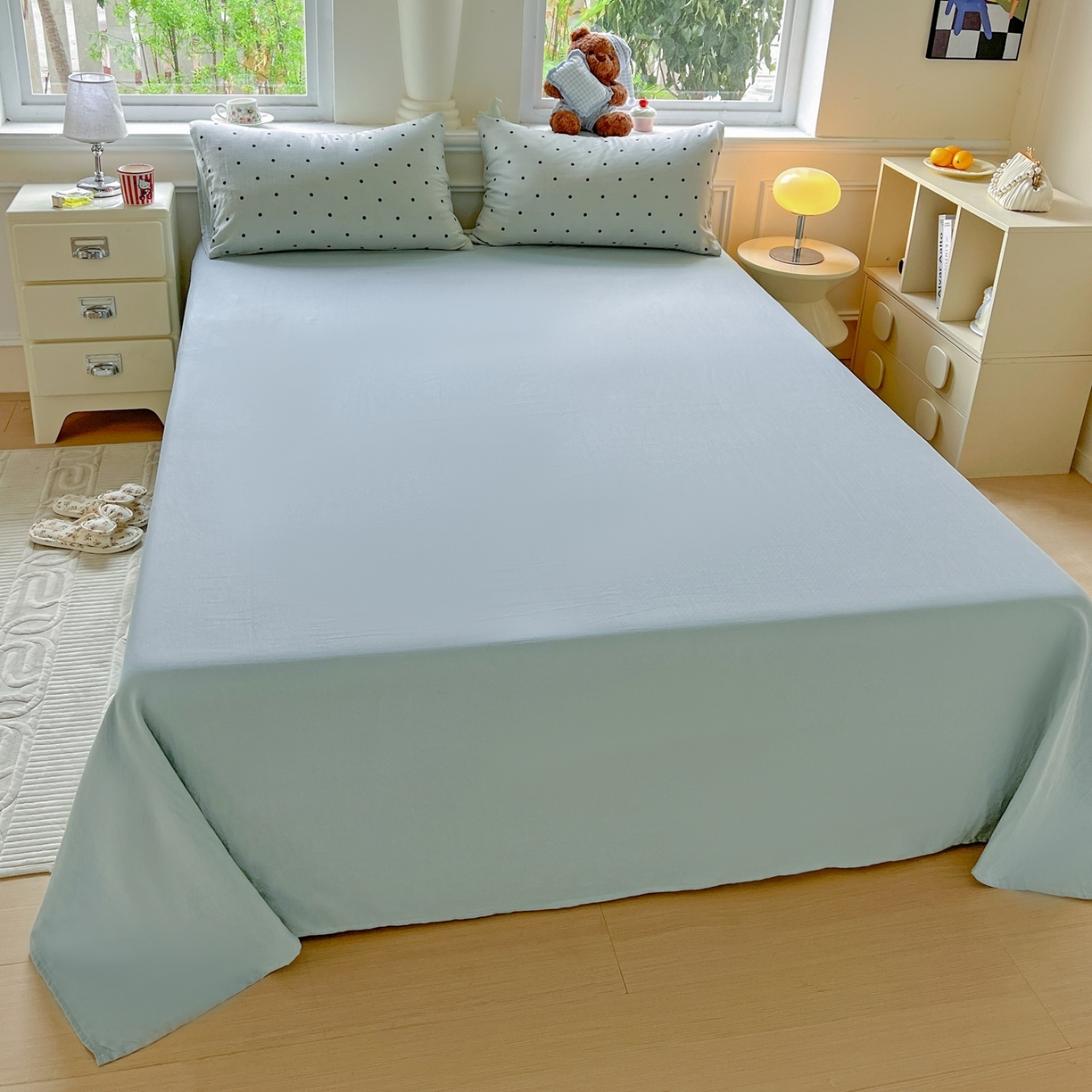 91家纺网 家纺一手货源 找家纺 一比一家纺 2025新款全棉双层纱四件套 抹茶啵啵