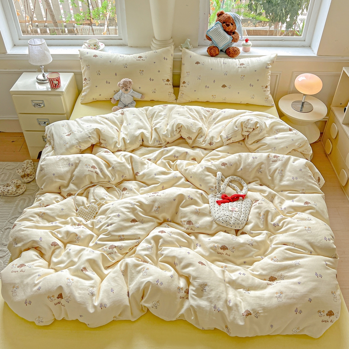 91家纺网 家纺一手货源 找家纺 一比一家纺 2025新款全棉双层纱四件套 奶萌狗