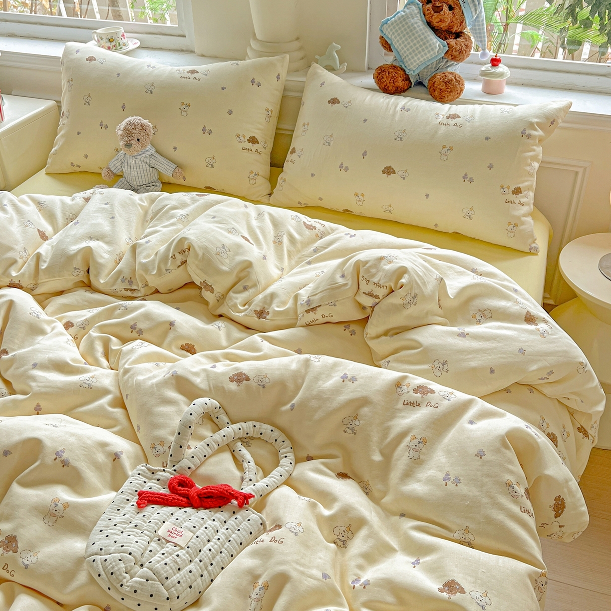 91家纺网 家纺一手货源 找家纺 一比一家纺 2025新款全棉双层纱四件套 奶萌狗