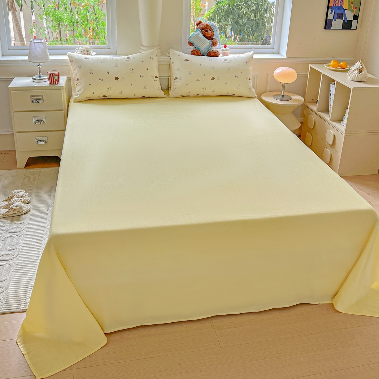 91家纺网 家纺一手货源 找家纺 一比一家纺 2025新款全棉双层纱四件套 奶萌狗